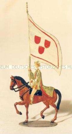 Zinnfiguren Festumzug "Tag der Deutschen Kunst": Reiter auf braunem Pferd mit Fahne