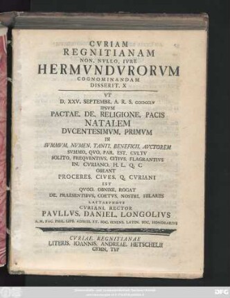 10: Cvriam Regnitianam Non. Nvllo. Ivre Hermvndvrorvm Cognominandam Disserit ...