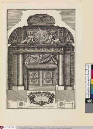 [Kaminentwurf mit geschlossenen Läden, eingefasst in reich verzierte Architektur, ein Adler über dem Kamin; Cheminée dont l'âtre est clos de volets, insérée dans une très riche architecture]