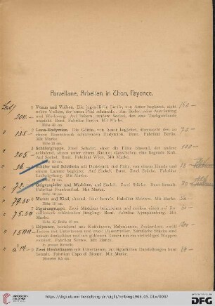Porzellane, Arbeiten in Thon, Fayence (Nr. 1-75)