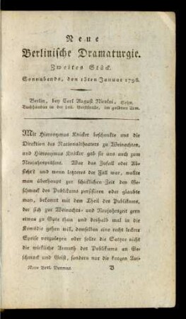 Zweites Stück. Sonnabends, den 13ten Januar 1798