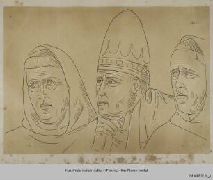Kopf des Papstes Honorius III. und zweier Kardinäle aus dem Giotto-Zyklus von Assisi (Szene XVII)