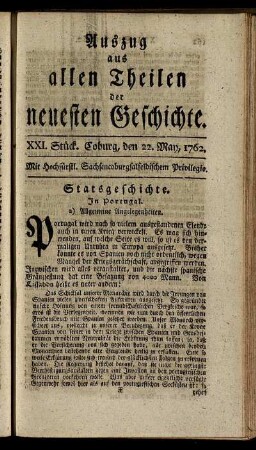 XXI. Stück. Coburg, den 22. May, 1762.
