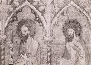 Pirnaer Antependium mit den Heiligen, Aposteln, Evangelisten, Marienkrönung und Johannes dem Täufer : Seidenstickerei, Pirnaer Antependium, vor 1350