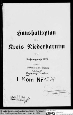 Haushaltspläne des Kreises Niederbarnim für das Rechnungsjahr 1929