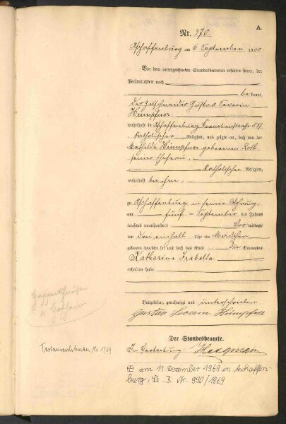 Standesamtsbuch der Stadt Aschaffenburg: Geburten 365/1900 - 184/1901