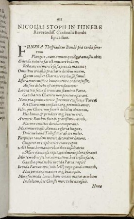 Nicolai Stopii In Funere Reverendiss. Cardinalis Bembi Epicedion.