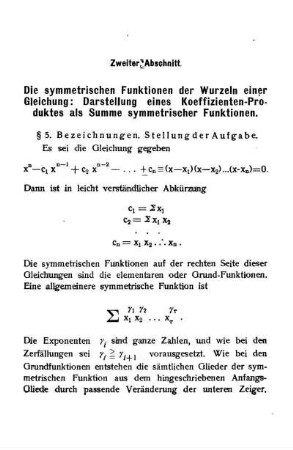 Zweiter Abschnitt - Die symmetrischen Funktionen der Wurzeln einer Gleichung: Darstellung eines Koeffizienten-Produktes als Summe symmetrischer Funktionen.