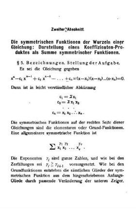 Zweiter Abschnitt - Die symmetrischen Funktionen der Wurzeln einer Gleichung: Darstellung eines Koeffizienten-Produktes als Summe symmetrischer Funktionen.