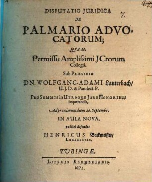 Disputatio Juridica De Palmario Advocatorum