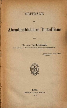 Beiträge zur Abendmahlslehre Tertullians