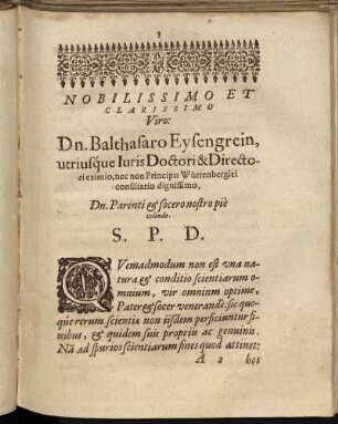 Nobilissimo Et Clarissimo Viro: Dn. Balthasaro Eysengrein, [...]