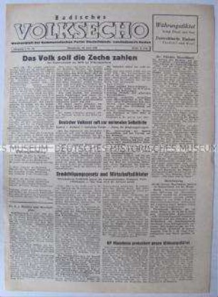 Wochenzeitung der KPD Baden "Badisches Volksecho" u.a. zur Währungsreform