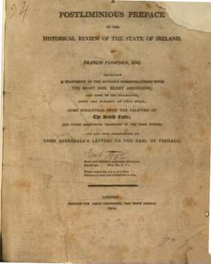 A Postliminious Preface to the historical Review of the State of Ireland