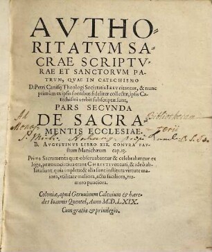 Avthoritatvm Sacrae Scriptvrae Et Sanctorvm Patrvm. 2, De Sacramentis Ecclesiae