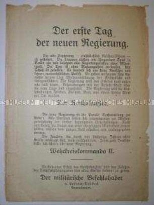 Flugblatt des militärischen Befehlshabers zur Lage in Schleswig-Holstein nach dem Kapp-Putsch