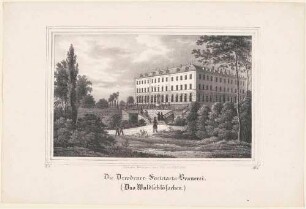 Brauerei und Restaurant "Zum Waldschlösschen" (1840 eingeweiht), am rechten Elbufer zwischen Loschwitz und Dresden an der Bautzner Straße, Blick nach Westen, aus der Zeitschrift Saxonia um 1836