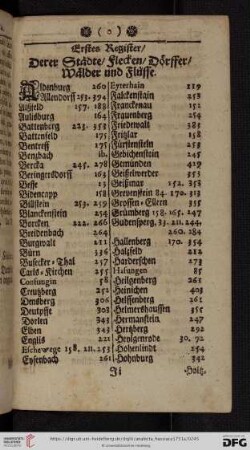 Erstes Register / derer Staedte / Flecken / Doerffer / Waelder und Fluesse
