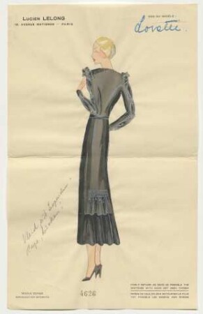 Lorette - Ein wadenlanges Kleid mit gerafften Ärmeln in Rückenansicht (Archivtitel)