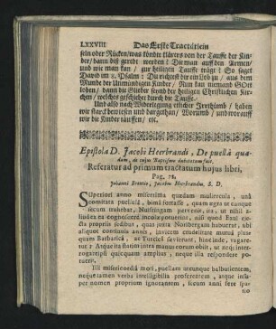 Epistola D. Jacobi Heerbrandi, De puella quadam, de cuius Baptismo dubitatum fuit. Referatur ad primum tractatum huius libri.