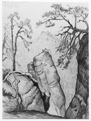 Bernkopf, Georg: In den Feldsteinen. Blick zum Gamrig. Um 1940/1943. Kohlezeichnung? Bezeichnet "Georg Bernkopf"