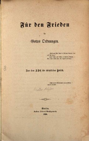 Für den Frieden in Gottes Ordnungen, 1