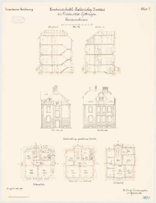 Landwirtschaftlich-Bakteriologisches Institut der Universität Göttingen: Beamtenwohnhaus: Grundriss Keller, Erdgeschoss, (Obergeschoss,) Dachgeschoss, Aufriss Nordansicht und Westansicht, Querschnitt 1:100