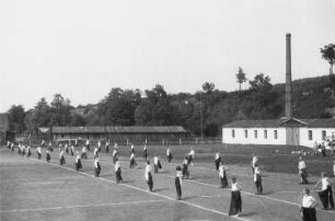 Sportfest von Arbeitersportlern in Heidenau, Kinder und Jugendliche während einer Massenübung mit Fahnen