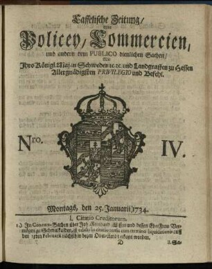 Nro. IV, Montags, den 25. Januarii 1734
