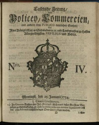 Nro. IV, Montags, den 25. Januarii 1734