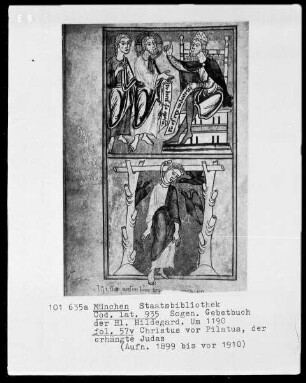 Sogenanntes Gebetbuch der heiligen Hildegard — Bildseite mit zwei halbseitigen Miniaturen, Folio 57verso