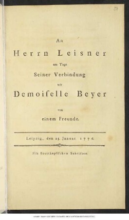 An Herrn Leisner am Tage Seiner Verbinung mit Demoiselle Beyer