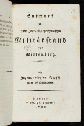 Entwurf zu einem zwek- und pflichtmässigen Militairstand für Wirtemberg