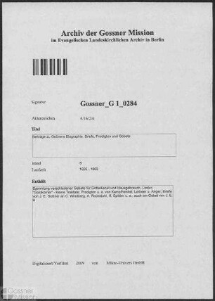Beiträge zu Goßners Biographie. Tagebuchnotizen und Predigten von Goßner
