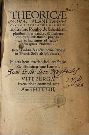 Theoricae Novae Planetarvm Georgii Pvrbachii Germani