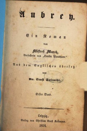 Aubrey : Ein Roman von Marsh. Aus dem Englischen übersetzt von Ernst Susemihl, 1