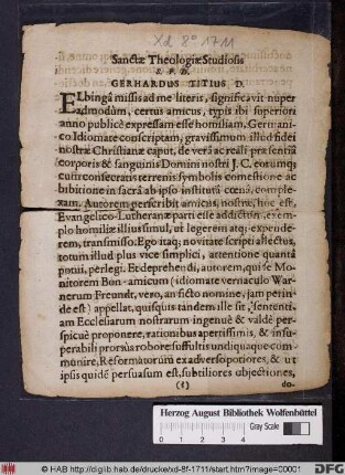 Sanctae Theologiae Studiosis S.P.D. Gerhardus Titius D. : [PP. in Acad. Iulia d. M. Aprilis 1662.]
