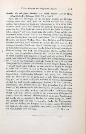 415 [Rezension] Franz, Erich, Goethe als religiöser Denker