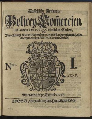 Nro. I, Montags, den 30. Decembr 1737