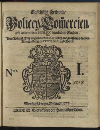 Nro. I, Montags, den 30. Decembr 1737