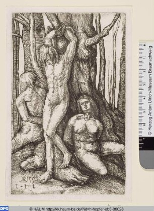Drei nackte an einen Baum gefesselte Männer