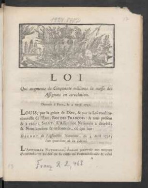 Loi Qui augmente de Cinquante millions la masse des Assignats en circulation : Donnée à Paris, le 4 Avril 1792.