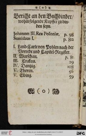 Bericht an den Buchbinder/ wohin folgende Kupffer zu binden seyn