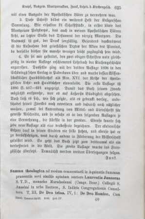625-628 [Rezension] Janssens, Laurentius, Summa theologica ad modum commentarii in Aquinatis summam; III. und IV.,1