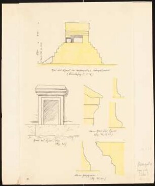Grab des Kyros, Pasargadae, Erechtheion auf der Akropolis, Athen (?): Längsschnitt des Grabes mt Maßangaben, Aufriss Tür, Schnitte (Gesims und Säulenbasis), davon zwei vom Erechtheion, nach Dieulafoy I, S. 38, Fig. 32, 34, 35, die Profile vom Erechtheion nach Fig. 38, 39