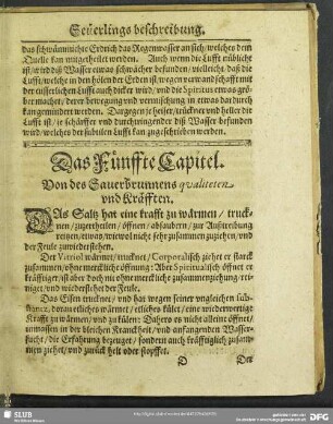 Das Fünffte Capitel. Von des Sauerbrunnens qualiteten und Kräfften