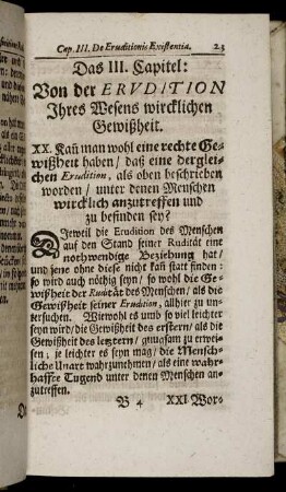 Das III. Capitel: Von der Erudition Ihres Wesens wirklichen Gewißheit.