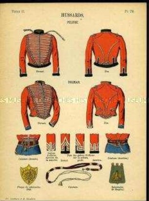Uniformdarstellung, Detailstudien von Pelz, Dolman, Schnüren, Abzeichen und Säbeltasche verschiedener Husaren-Regimenter, Frankreich, 1845/1860.