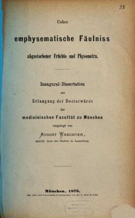 Ueber emphysematische Fäulniss abgestorbener Früchte und Physometra : Inaugural-Dissertation