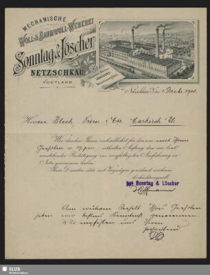 Mechanische Woll- & Baumwoll-Weberei Sonntag & Löscher, Netzschkau i. V. : Rechnung